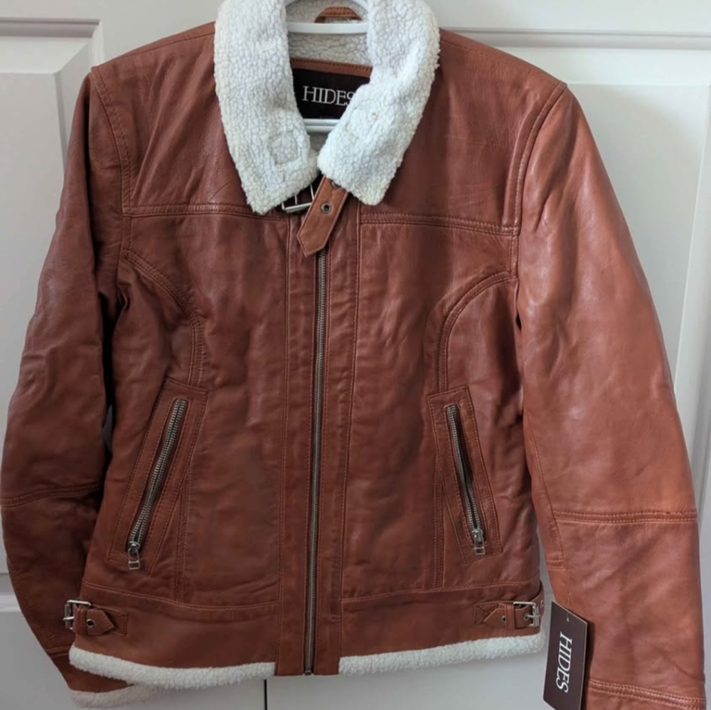 Women's Tan Leather Jacket with White Accents